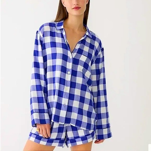 J. Crew Blue Buffalo Plaid Button Down Pajama Top - Picture 1 of 12